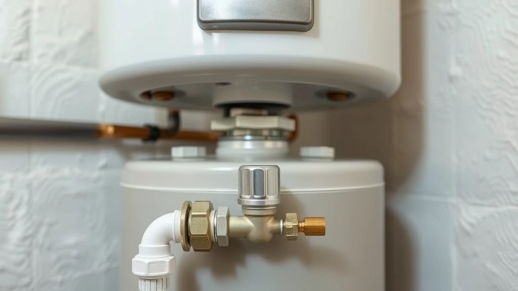 Gas water heater installed in a residential basement or utility room with visible shut-off valve assembly at the base, showing the solenoid valve component and connection points, professional installation quality