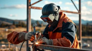 Professional welder in safety gear performing oxy-acetylene welding on metal structure outdoors during daytime, showing flame and sparks, with natural landscape background