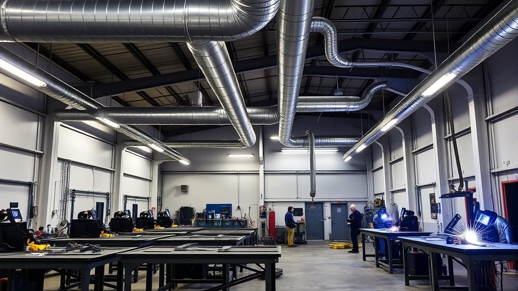 Industrial welding workshop interior with multiple workstations, proper ventilation ducting systems overhead, metal fabrication in progress, bright lighting, clean organized space