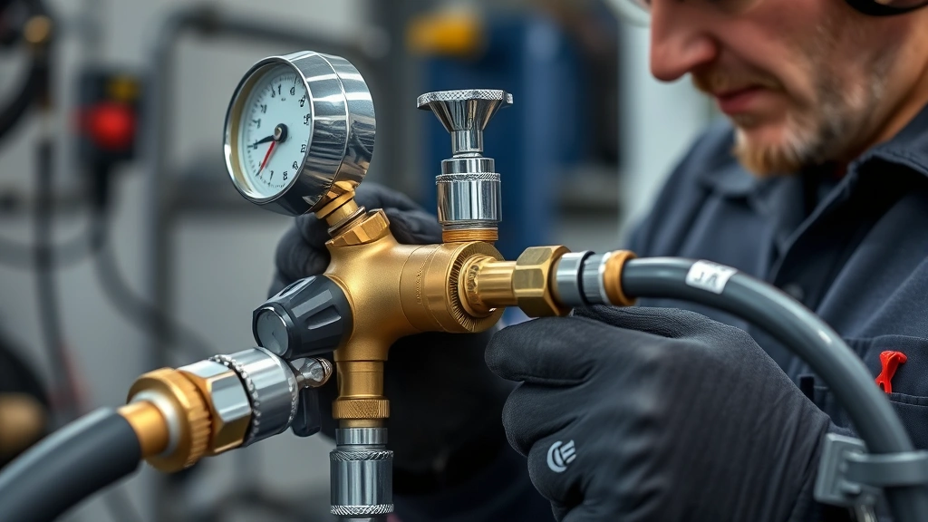 Close-up of welding equipment maintenance - technician inspecting gas regulators, hoses and connections on professional welding torch assembly, checking for leaks