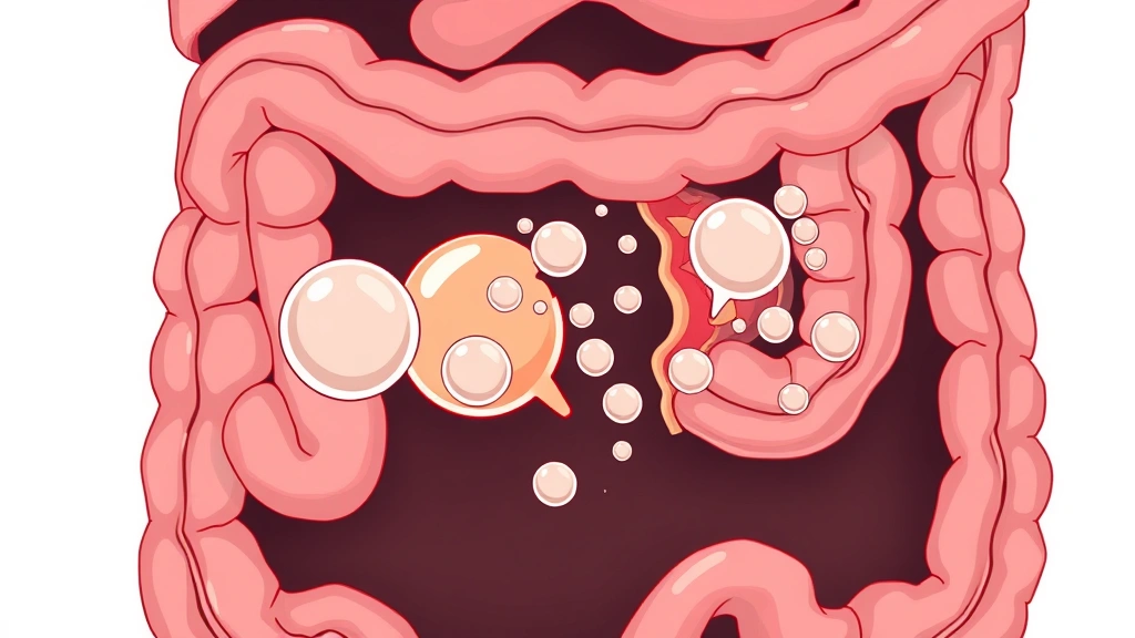 Close-up of digestive system illustration showing gas bubbles in intestines breaking apart, medical diagram style, educational visualization, no text labels