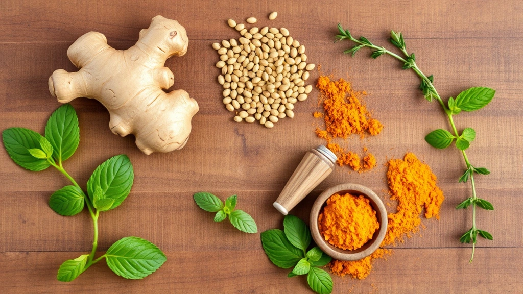 Overhead view of natural digestive remedy ingredients arranged on wooden surface: ginger root, fennel seeds, peppermint leaves, turmeric powder, fresh herbs, organic styling
