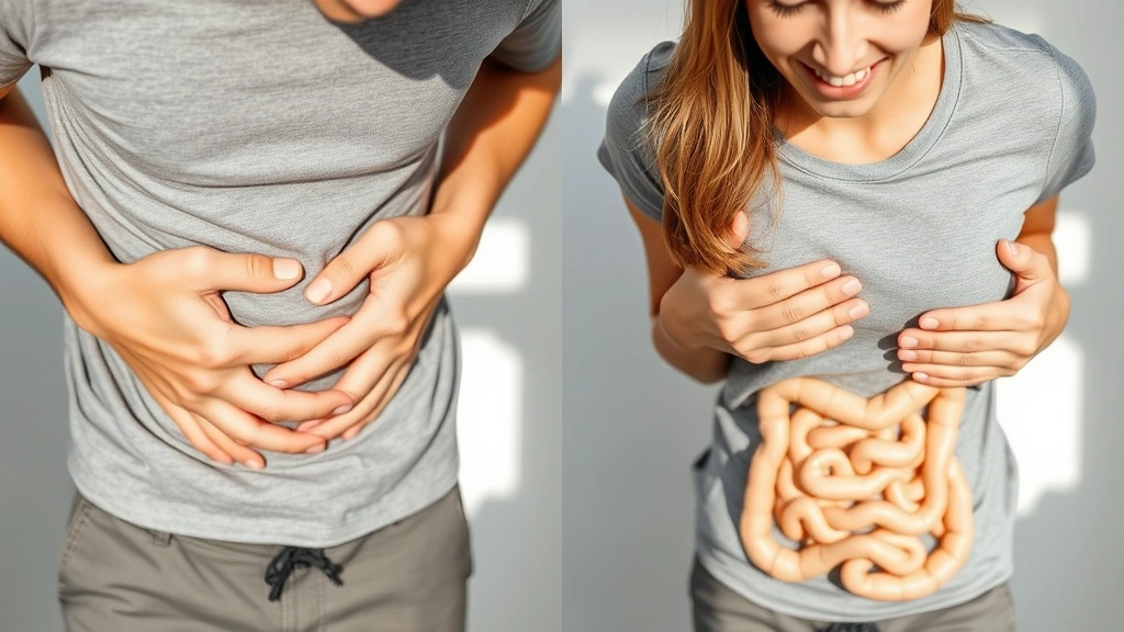 Person holding stomach in discomfort, then showing relief expression, split-screen comparison showing before and after digestive wellness, natural lighting, wellness photography