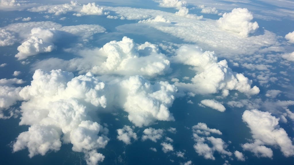 Photorealistic aerial view of diverse cloud formations at different altitudes showing varied cloud densities and structures over ocean landscape, natural lighting, no text or labels visible