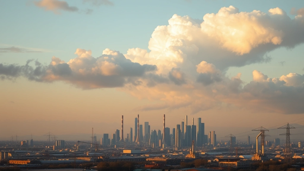 Photorealistic photograph of industrial city skyline with visible pollution plumes and modified cloud formations above, showing contrast between natural and anthropogenic cloud characteristics, golden hour lighting, no text
