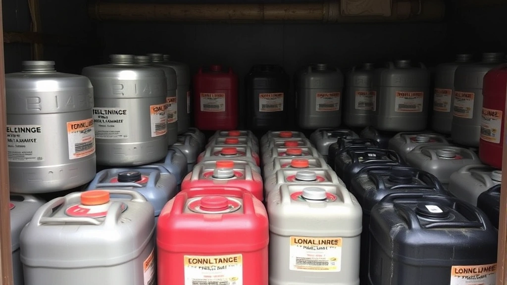 Multiple sealed metal and plastic fuel containers arranged in a cool, dark storage area with proper ventilation, labeled with dates, demonstrating best practices for fuel storage and organization