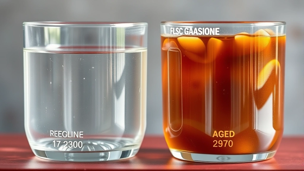 A clear comparison showing fresh clear gasoline next to aged brownish degraded gasoline in glass containers, illustrating the visual differences of fuel oxidation and degradation over time