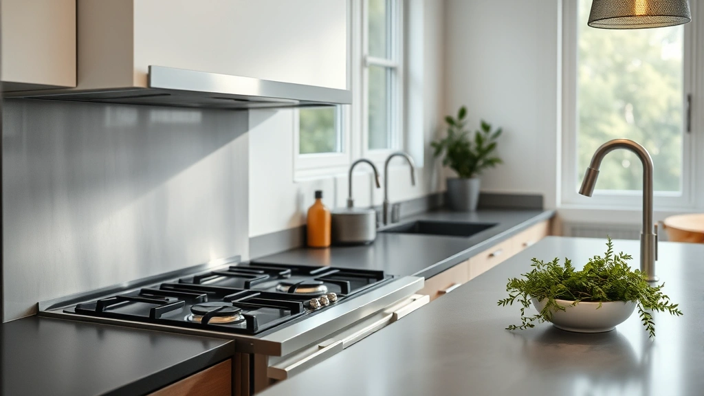 Modern kitchen with stainless steel gas stove, natural lighting through windows, fresh herbs on counter, minimalist sustainable design aesthetic