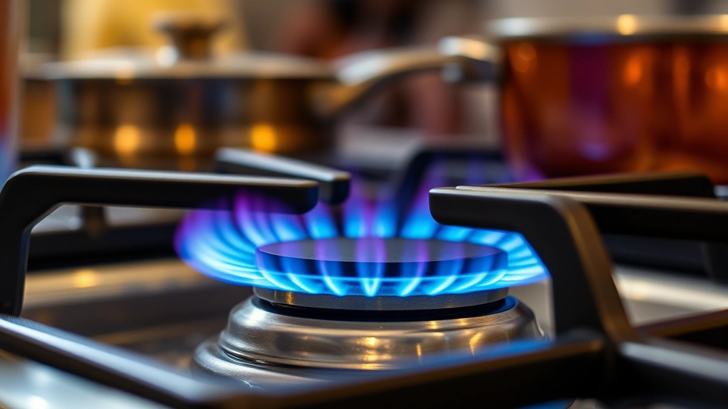 Close-up of blue gas flame on stovetop burner with cookware, warm lighting, showing active cooking with steam rising