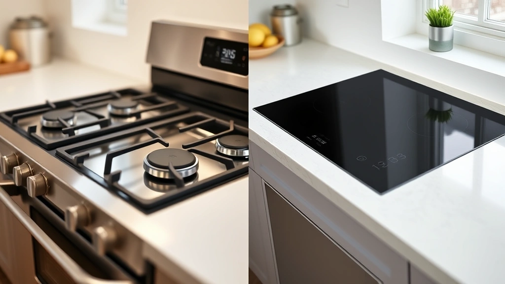 Split-screen comparison showing traditional gas stove on left and modern induction cooktop on right, contemporary kitchen setting, clean professional photography
