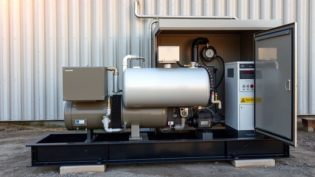 Professional dual fuel generator with both propane tank and gasoline fuel system visible, industrial outdoor installation with weatherproof enclosure, morning sunlight, realistic product photography