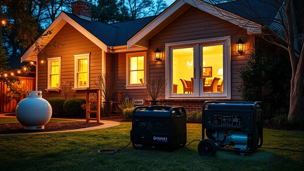 Family home during power outage with dual fuel generator running safely in backyard, propane tank visible, warm evening lighting showing generator powering interior lights through cable connections