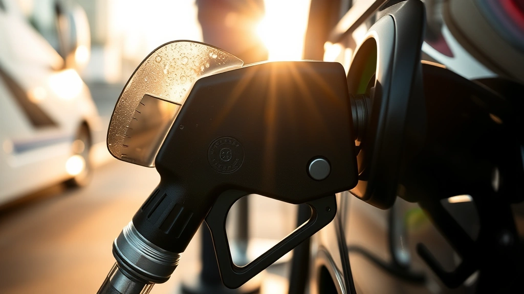 Close-up of clear fuel being dispensed into a vehicle fuel tank at an eco-conscious gas station, morning sunlight, clean environment, no signage or text visible