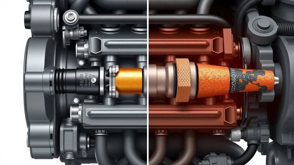 Cutaway illustration showing engine fuel injector system with clean deposits compared to carbon buildup, technical but photorealistic, no labels or text