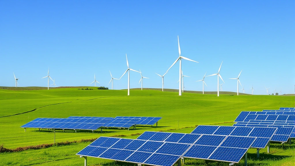 Landscape view of renewable energy wind turbines and solar panels in green field under blue sky, representing sustainable energy alternatives, no visible text or signage