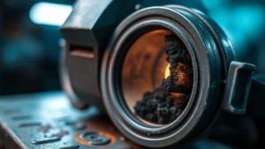 Close-up of a protective gas mask filter cartridge with activated charcoal visible, mounted on weathered metal surface in dim lighting, showing industrial safety equipment details