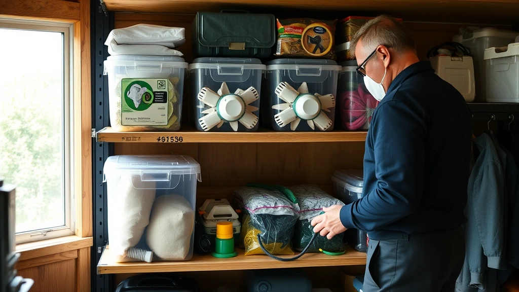 Person in emergency preparedness gear organizing sealed storage containers with respiratory protection equipment and supplies on wooden shelf, natural daylight through window