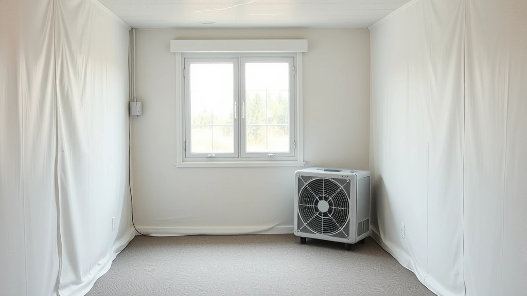 Indoor air quality testing scene with HEPA filter unit operating near window, showing clean air circulation in prepared shelter space, minimal furnishings, emergency readiness aesthetic