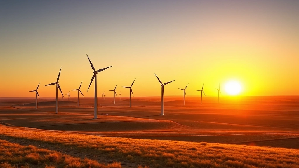 Vast wind turbine farm stretching across Great Plains landscape at golden sunset, multiple white turbines on rolling prairie grassland, photorealistic