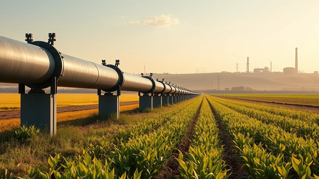 Natural gas pipeline infrastructure running through rural agricultural fields with crops in foreground, industrial equipment visible in distance, realistic daylight