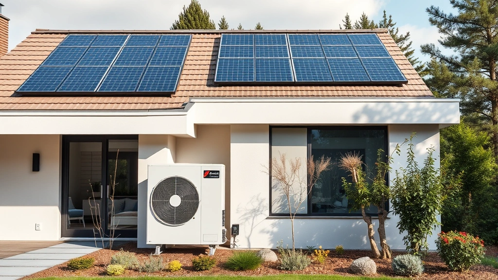 Modern home with solar panels on roof and electric heat pump unit installed outside, surrounded by landscaping, contemporary sustainable residential design