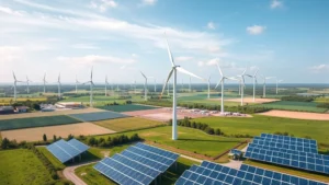 Aerial view of renewable energy wind turbines and solar panels in green landscape with sustainable infrastructure, photorealistic environmental technology