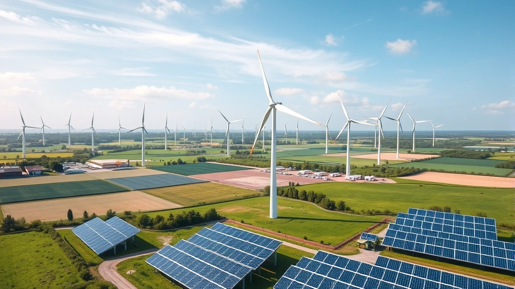 Aerial view of renewable energy wind turbines and solar panels in green landscape with sustainable infrastructure, photorealistic environmental technology