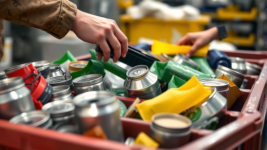 Close-up of recycling bins with metal canisters being sorted by hand in modern waste management facility, photorealistic circular economy process