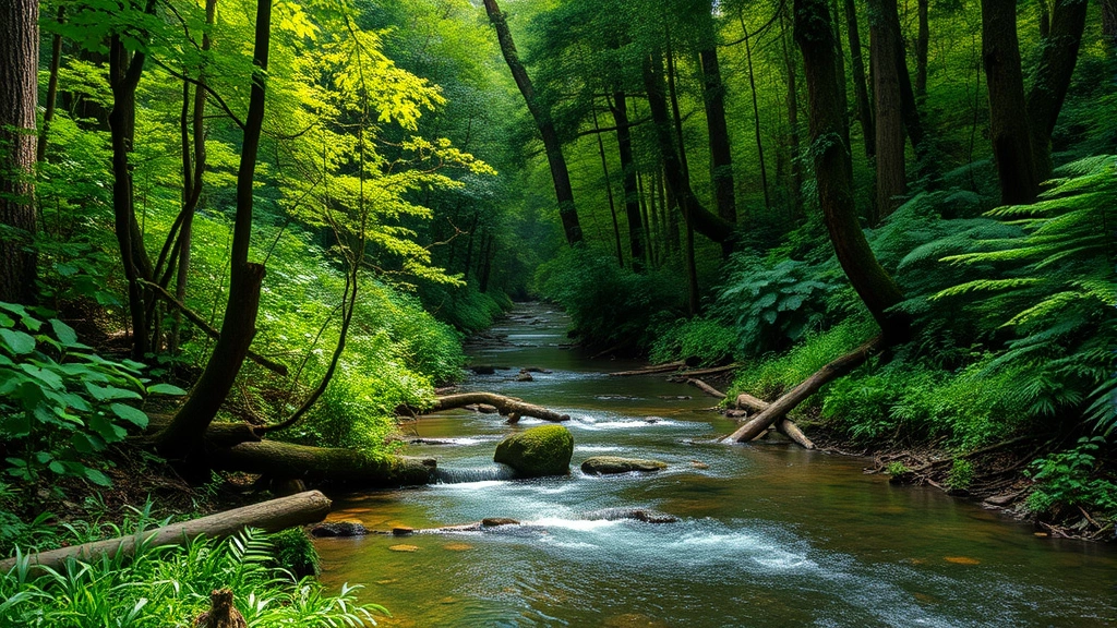 Lush forest ecosystem with clear water stream and biodiversity, photorealistic nature conservation showing environmental protection benefits