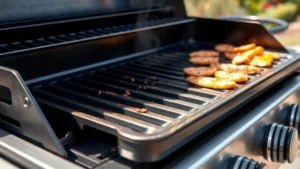 Close-up of seasoned cast iron griddle plate on stainless steel gas grill, showing even heat distribution and food cooking, outdoor garden setting with natural sunlight