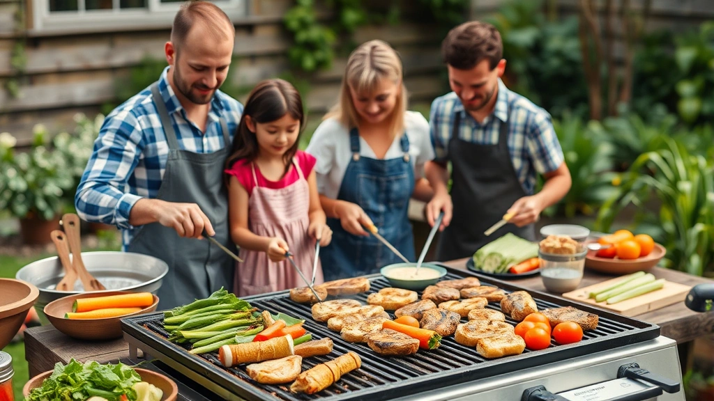 Outdoor cooking scene with family grilling vegetables and proteins on griddle plate, sustainable meal preparation, backyard garden with green plants visible