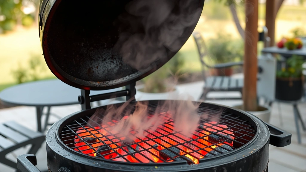 Traditional charcoal barrel grill smoking with visible smoke rising, glowing red coals visible through grates, outdoor patio setting with trees, photorealistic
