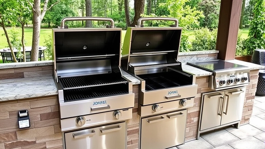 Dual-fuel hybrid grill with separate gas and charcoal chambers, professional outdoor kitchen setup, stainless steel construction, natural lighting, no signage