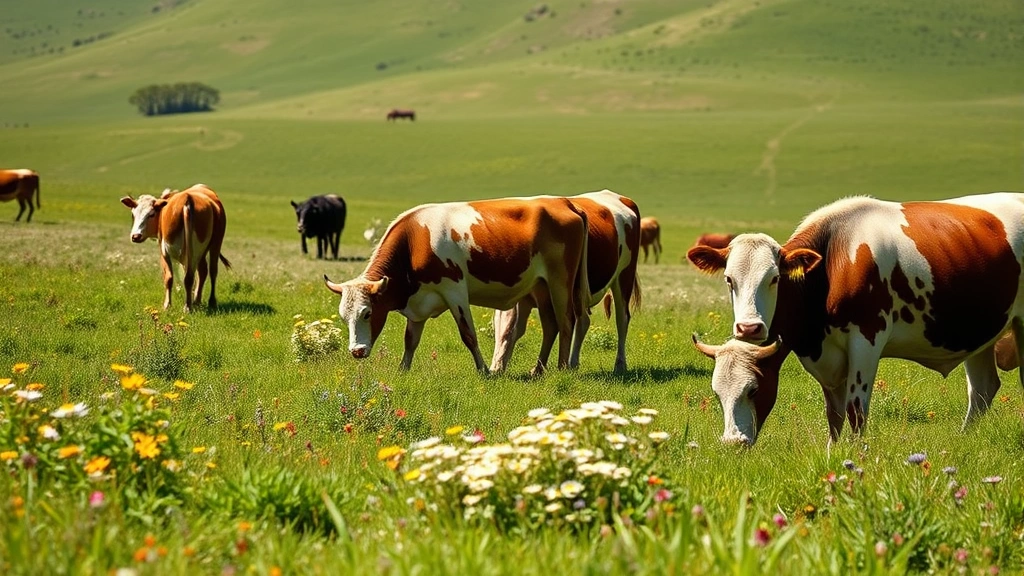 Grass-fed cattle grazing peacefully on lush green pastureland with wildflowers, sustainable ranch landscape, bright daylight, no people visible