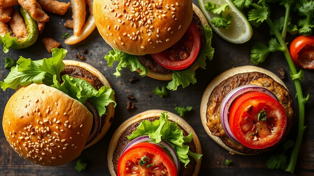 Overhead view of finished gourmet burgers with fresh lettuce, tomato, and onion toppings on artisanal buns, sustainable ingredients displayed, natural lighting