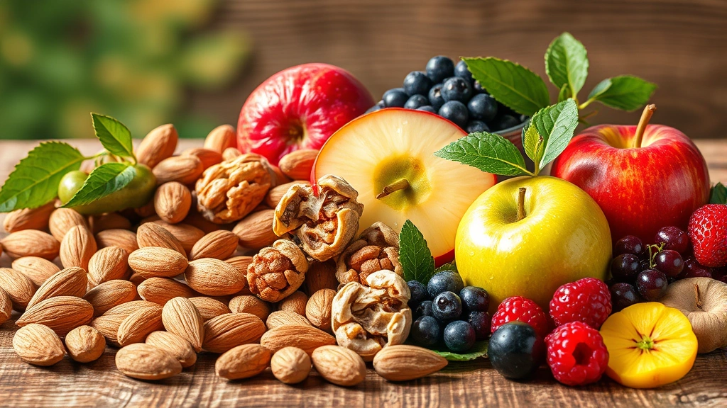 Assorted fresh fruits and nuts displayed on a rustic wooden surface in natural sunlight, including almonds, walnuts, apples, and berries, with water droplets suggesting freshness and health, no text or labels visible