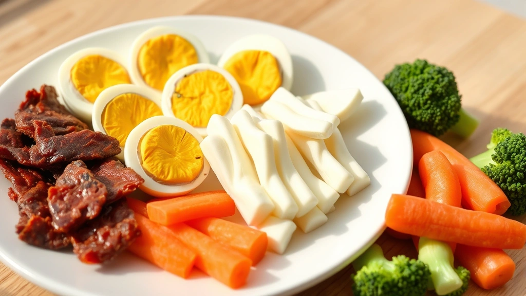 Hard-boiled eggs, string cheese, and beef jerky arranged on a clean white plate with fresh vegetables like carrots and broccoli, showcasing protein-rich snack options in natural daylight, no packaging or text visible
