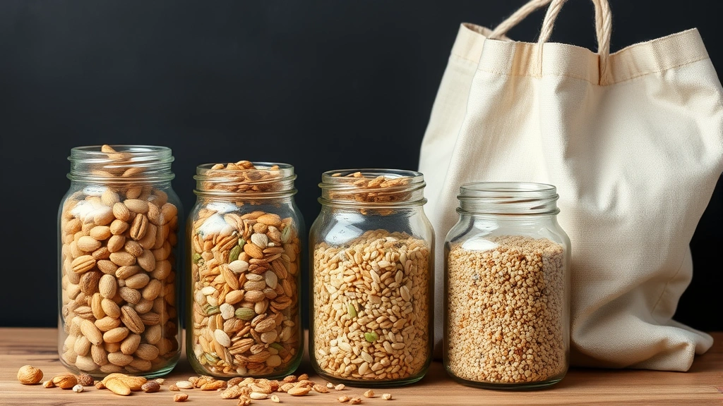Glass jars containing various nuts, seeds, and whole grains with a reusable cloth shopping bag nearby, demonstrating sustainable snacking practices and bulk purchasing, minimalist composition with no visible labels or text
