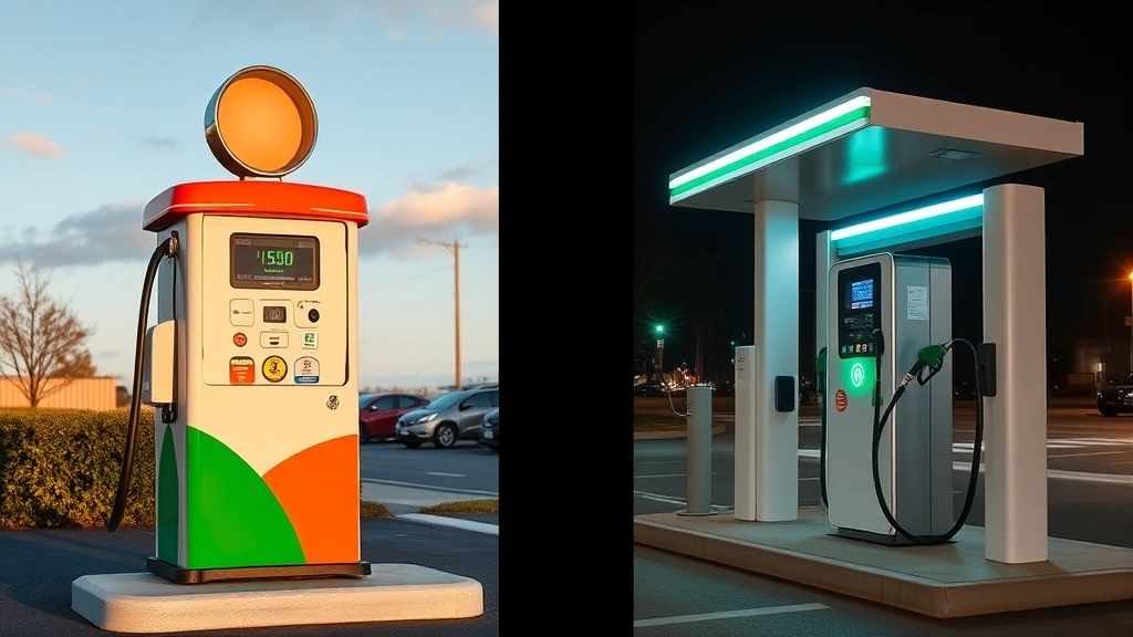 Split-screen comparison: traditional gas pump on left side, EV charging station on right side, showing contrast between fossil fuel and electric transportation infrastructure
