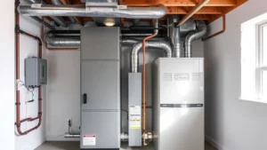 Modern high efficiency gas furnace unit installed in a basement utility room with clean white walls, professional installation visible, no text or labels on equipment, natural lighting from window