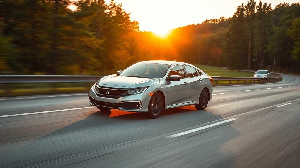 Modern silver Honda Civic sedan driving on a scenic highway during golden hour, surrounded by trees and green landscape, showing smooth driving conditions and fuel-efficient highway performance in natural lighting