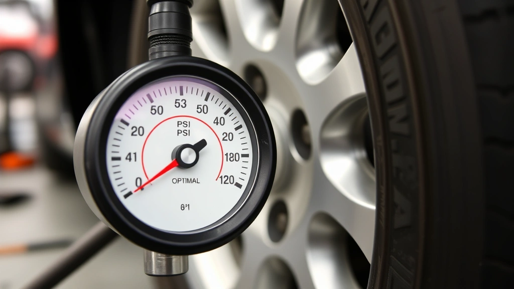 Close-up of a car tire pressure gauge displaying optimal PSI levels, with a tire visible in background, demonstrating proper maintenance for fuel efficiency, professional automotive shop setting with tools nearby