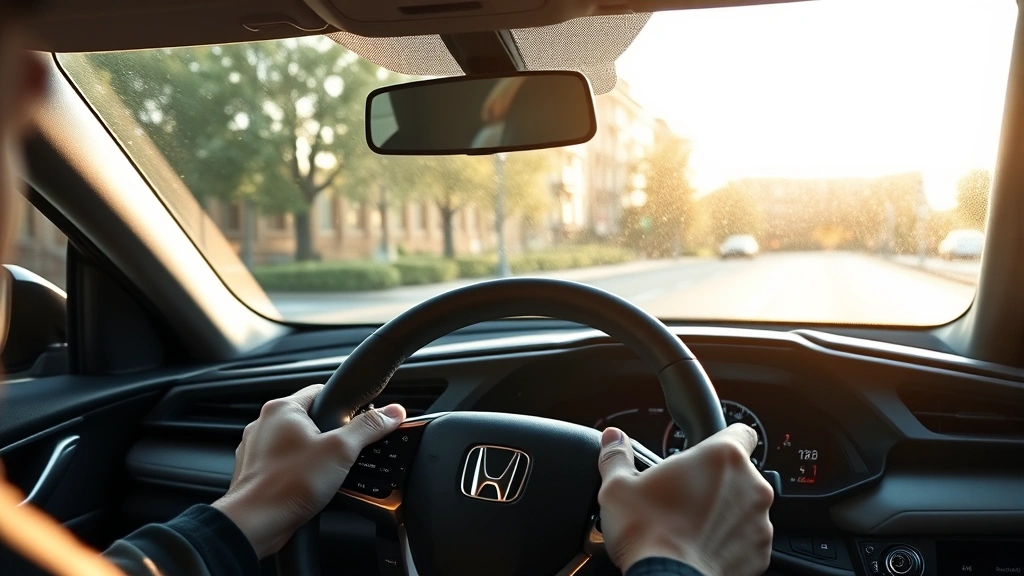 Interior dashboard view of Honda Civic showing fuel economy display screen with efficiency metrics, hands on steering wheel, modern minimalist dashboard design, natural daylight streaming through windshield