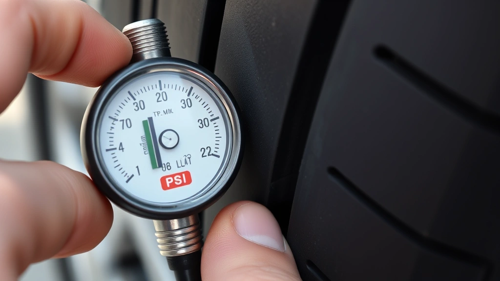 Close-up of a tire pressure gauge measuring PSI on a car tire in natural daylight, showing proper inflation technique with emphasis on precision and vehicle maintenance