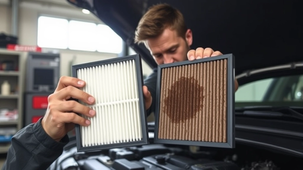 Mechanic performing engine air filter replacement on an SUV in a well-lit garage, showing clean new filter beside dirty used filter for comparison