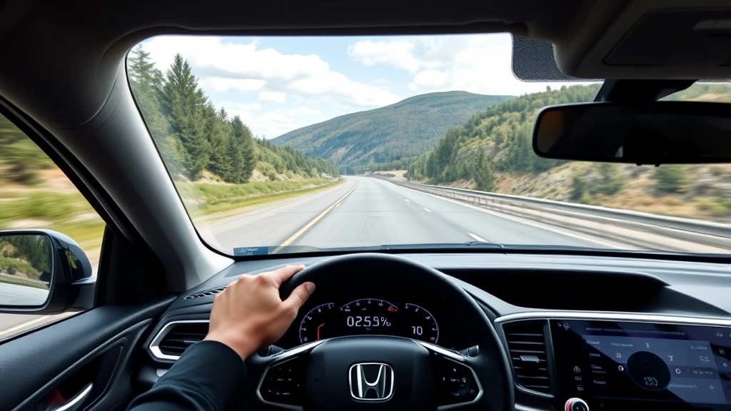 Dashboard view of a Honda SUV displaying fuel economy metrics on digital screen with driver hands on steering wheel on a scenic highway