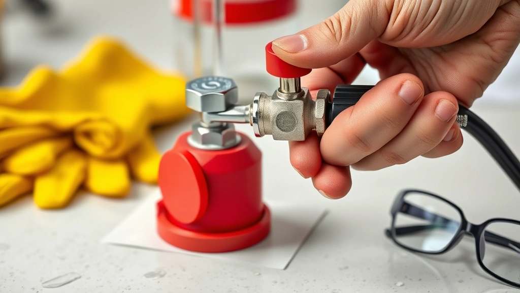 Close-up of modern hand-operated fuel siphon pump with ball valve mechanism, displayed on clean work surface with safety gloves and protective glasses nearby, photorealistic detail showing safe equipment design