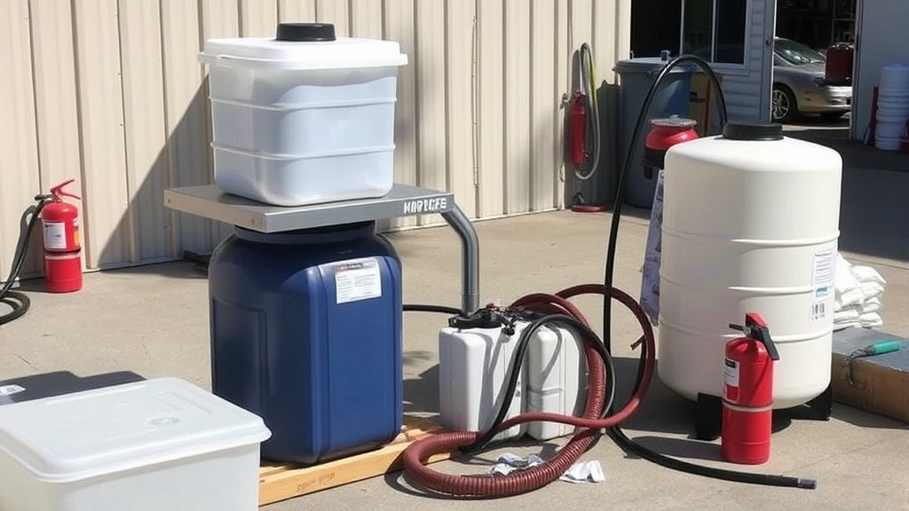 Organized fuel transfer setup outdoors in daylight showing proper container positioning with source container elevated above receiving container, tubing arranged safely, absorbent materials and fire extinguisher visible in background
