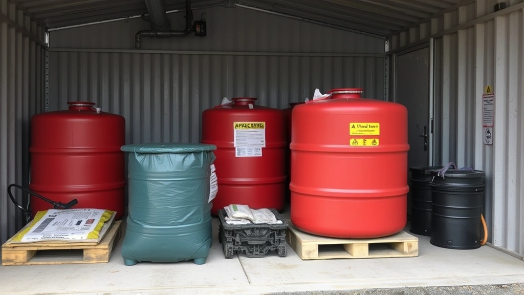 Environmental contamination prevention demonstration showing approved red fuel storage containers properly sealed and secured in ventilated storage area, with spill containment materials and safety signage visible