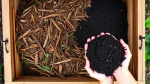 Overhead view of layered compost pile showing brown and green material layers in a wooden bin, rich dark soil visible, hands holding finished compost, garden setting